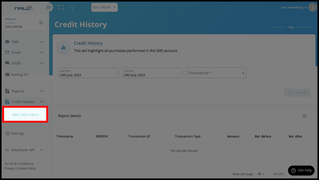 nalo account history